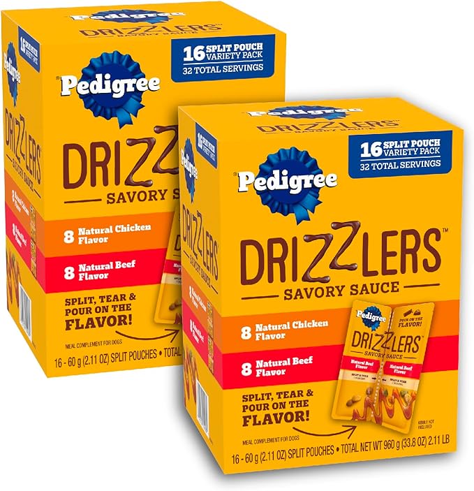 Pedigree Drizzlers for Dogs, Wet Dog Food Gravy Savory Sauce Multipack, 60g Dual-Serving Pouch, 16 Count, Pack of 2 (32 Pouches, 64 Servings Total)