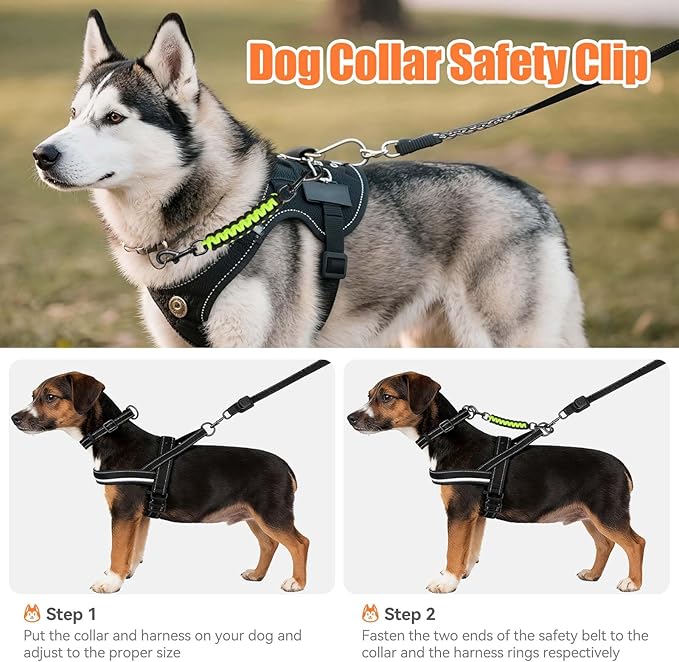 Dog Collar Safety Clip, Collar Companion, Handmade Backup Safety Strap, Double-Ended Clip Leash Connector, Suitable for Dog Harnesses, Prong, Pinch Collars (Black,Fluoro Green, 1 Pack)