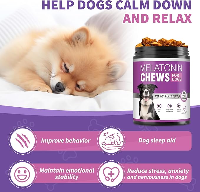 Calming Melatonin for Dogs, 200 Pet Chews Calming Treats for Sleep Aid Sleeping Pills Puppy Melatonin Bites Support Stress, Anxiety Relief, Separation for Small and Large Dogs(Chicken Flavor)