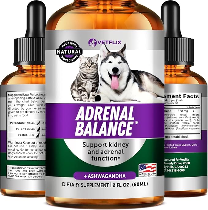 Adrenal Support for Dogs, Cats, Puppies and Kittens - Made in USA - Cushing's and Kidney Support Supplement - Natural Endocrine Health Formula - 2 Fl Oz