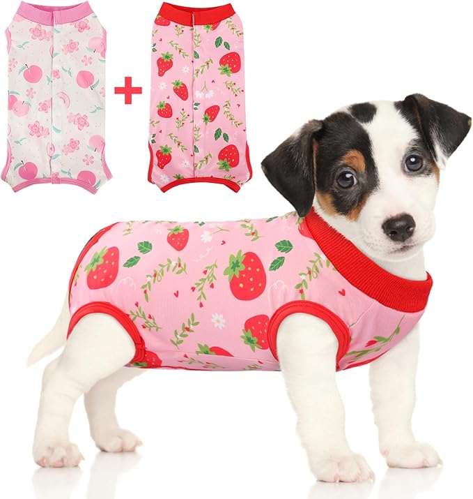 SAWMONG 2 Pack Recovery Suit for Dogs After Surgery, Dog Recovery Suit Soft Polyester, Pet Spay Surgical Suit Female Male, Dog Onesie Body Suit Substitute E-Collar Cone(Strawberry+ Peach,S)