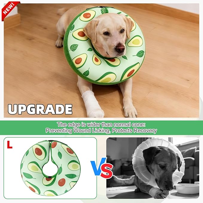 KOOLTAIL Inflatable Dog Cone Collar, Soft Donut E Collar for Dogs After Surgery to Stop Licking Enhanced Alternative, Blow Up Pet Neck Pillow Recovery Adjustable Cone for Dog Cat，Avocado L