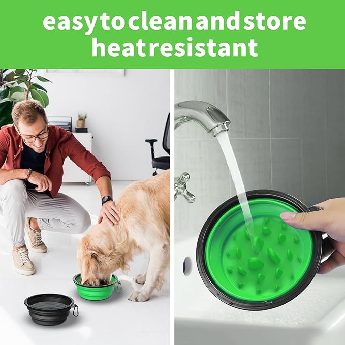 2 Pack [Slow Feeder Design + Regular], Collapsible Dog Bowl Travel Portable Pet Bowls, [34oz,1000ml] Foldable Food Water Feeding Dishes for Traveling Hiking Walking with Carabiners [Blue,Green]