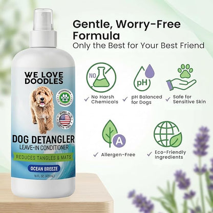We Love Doodles Dog Detangler Spray - Leave-in Conditioner for Dogs - Dog Detangling Spray - Dematting Spray for Dogs - Tangle Remover - Made in The USA - Large 16 fl oz (Ocean Breeze)