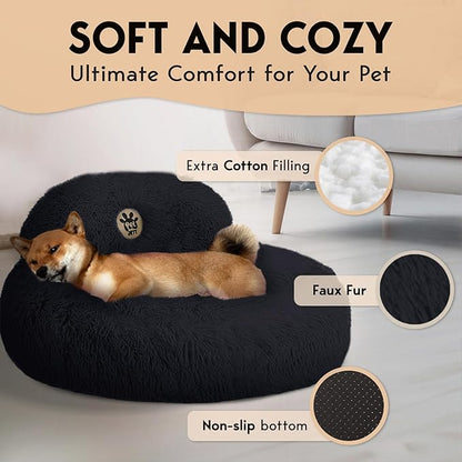 PetJett Calming Dog Bed Medium Size Dog - 30'' Donut Bed, Anti-Slip & Washable Super Soft Fluffy Plush Round Bed, Anti-Anxiety Premium Comfort Pet Bed, Fits Dogs up to 45 lbs - Black