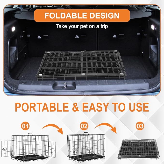 Wire Dog Crate 24 Inch Dog Kennel Cage, Double Door Folding Dog Cage, Wire Dog Kennel with Removable Tray, Indoor&Outdoor,Black