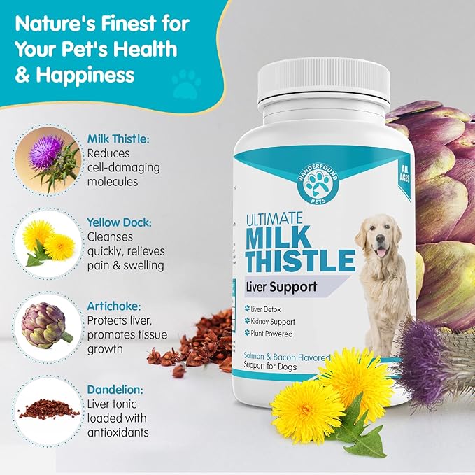 Wanderfound Pets Milk Thistle for Dogs – Tasty Salmon & Bacon Flavored Natural Liver Support for Pets – Kidney Cleanse Detox & Repair Formula Manufactured in the USA – 100 Chewable Tablets