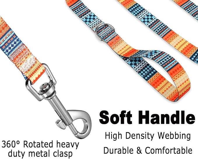 Mihqy Dog Collar and Leash Set with Bohemia Floral Tribal Geometric Patterns - Soft Ethnic Style Collar Adjustable for Small Medium Large Dogs(Bohemian Orange Set,M)