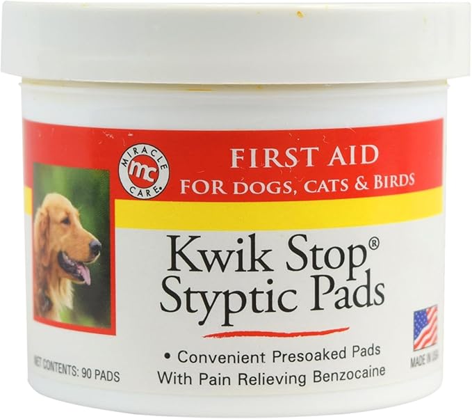 Miracle Care Kwik Stop Styptic Pads for Dogs, Cats and Birds, 90 Pre-Soaked Pads, Fast Acting Blood Stop with Pain Relieving Benzocaine