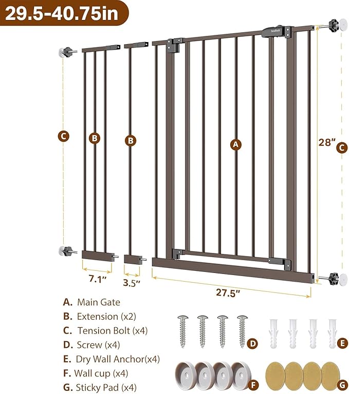 InnoTruth 29.5–40.75" Baby Gate for Stairs, 28" Tall Dog Gates for Doorways & Hallways, Safety Gate for Kids & Pets, Pressure-Mounted Walk-Through with Dual Lock & 2-Way Swing, Brown
