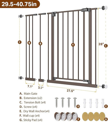 InnoTruth 29.5–40.75" Baby Gate for Stairs, 28" Tall Dog Gates for Doorways & Hallways, Safety Gate for Kids & Pets, Pressure-Mounted Walk-Through with Dual Lock & 2-Way Swing, Brown