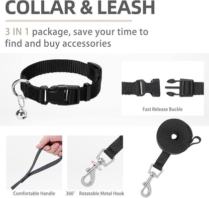 PUPTECK Adjustable Dog Harness Collar and Leash Set Step in No Pull Pet Harness for Small Medium Dogs Puppy and Cats Outdoor Walking Running, Soft Mesh Padded Reflective Vest Harnesses, Solid Black S
