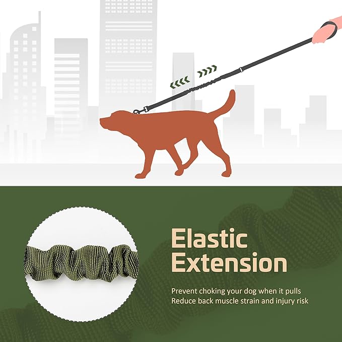 Forestpaw Tactical Dog Leash for Large Dogs,Heavy Duty Bungee Dog Leash with Shock Absorption,2 Padded Handles for Training Running Walking,Adjustable 4-5FT,Green