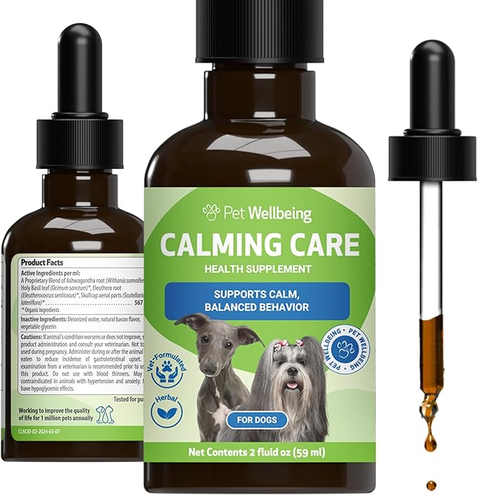 Pet Wellbeing Calming Care for Dogs - Vet-Formulated Holistic Behavior Support - Emotional Balance, Stress Care - Ashwagandha & Holy Basil Adaptogen Blend - Liquid Supplement 2 oz (59ml)