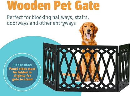 Etna 3-Panel Diamond Design Wood Pet Gate - Decorative Black Tri Fold Dog Fence for Doorways, Stairs - Indoor/Outdoor Pet Barrier - 24-48 Inches Wide x 19 Inches Tall