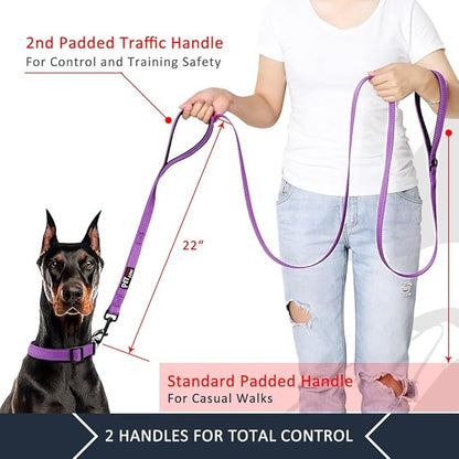 Plutus Pet Double Handle Dog Leash 4ft, Heavy Duty, Reflective Dual Handle Dog Leash for Safety Training, for Medium Large Dogs,2 Handle Leads(Purple)
