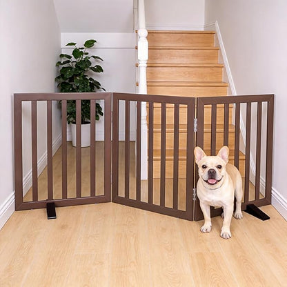 ZJSF Freestanding Indoor Dog Gate for House Foldable Wood Puppy Gate for Doorways Pet Gate for Stairs Extra Wide Pet Fence, Brown, 24" Height 3 Panels