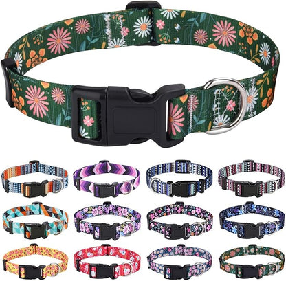 Mihqy Dog Collar with Bohemia Floral Tribal Geometric Patterns - Soft Ethnic Style Collar Adjustable for Small Medium Large Dogs(Dark Green Flower,M)