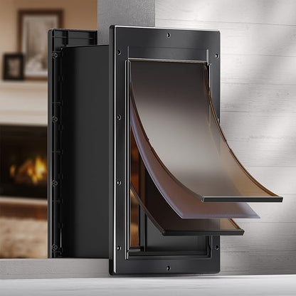 Durable Frame 3-Flaps Insulated Wall Dog Door, Extreme Weather Large Doggy Door for Wall, Never Rust Wall Pet Door, Telescoping Tunnel, 2 Magnetic Flaps, Closing Panel, for Pet Up to 100lb