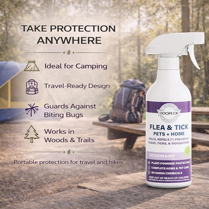 Flea Spray for Home & Pets - Flea and Tick Prevention for Dogs - Plant Based Repellent with Natural Essential Oils for Dog Flea Treatment Protection - Rosemary Scent - 16 Fl Oz