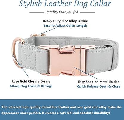 Dog Collar and Leash Set.Soft and Easy to Clean Vegan Leather with Rose Gold Metal Buckle for Small Medium Large Dogs (Grey, XS(8"-12"))