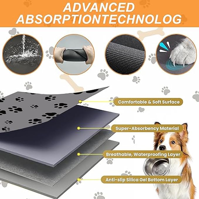 18"×30" Dog Food Mat-Absorbent Dog Mat for Food and Water, No Stains Quick Dry Cat Food Bowl Mat with Footprints for Messy Drinkers,Light Gray