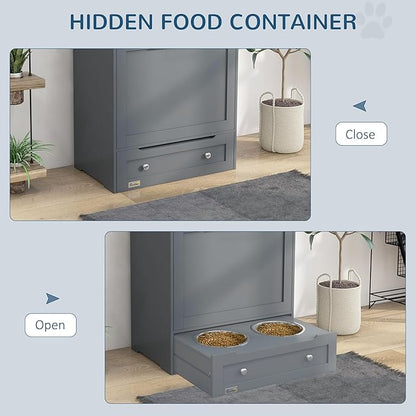 PawHut Dog Feeding Station with Raised Bowls & Storage Cabinet, Pet Feeder Cabinet Container with Hanger for Feeding & Watering Supplies, Dog Food Organizer, Gray