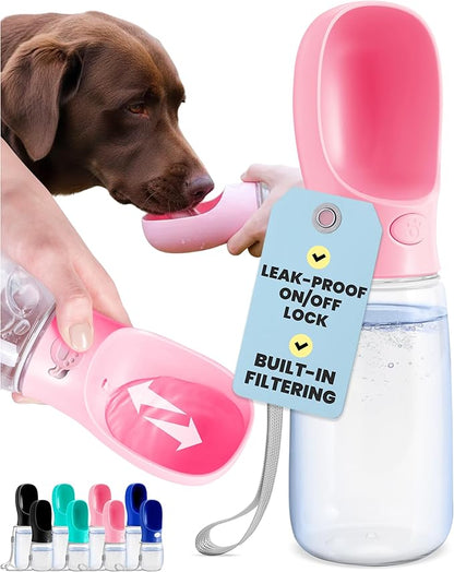 MalsiPree Leak-Proof Portable Dog Water Bottle for Travel - 19 oz, with Pink Bowl - Food Grade Plastic - Dog Bowls - Puppy Essentials - Pet Water Bottle