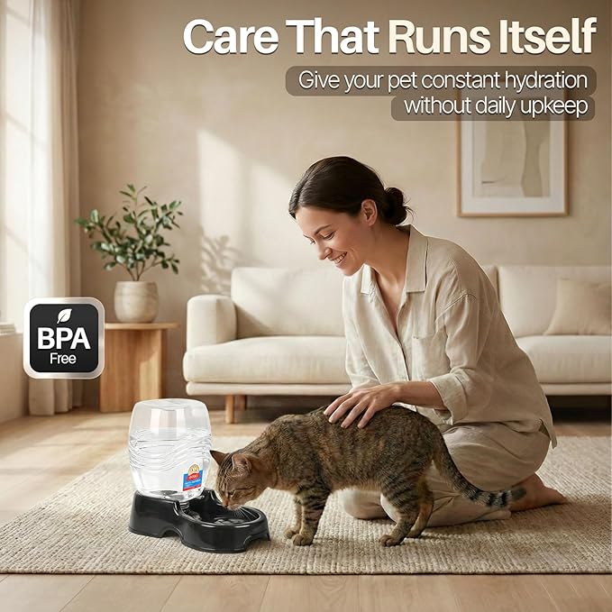 Flexzion Automatic Gravity Pet Waterer for Cat & Dog - Non-Skid & Easy-Clean Auto Replenish Water Dispenser Drinking Bowl (3/8 Gallon / 1.5L), Black