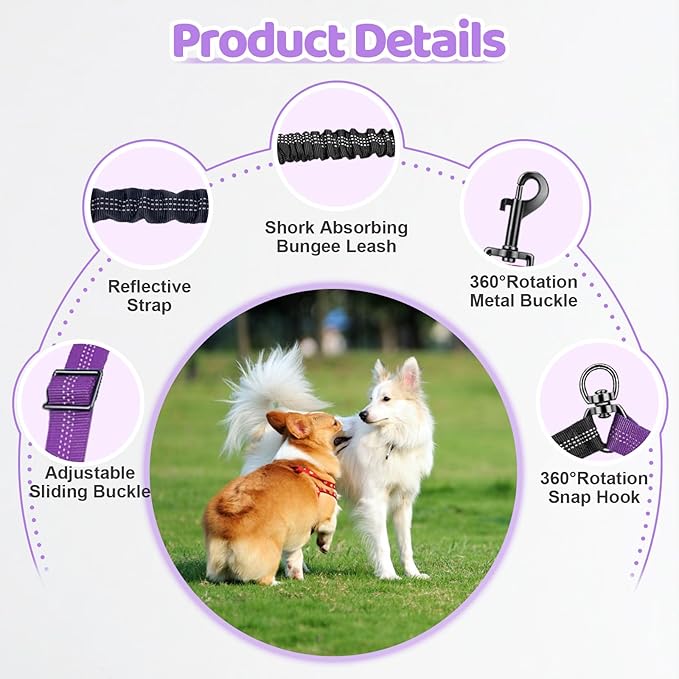 Double Dog Leash - 360°Swivel Tangle Free Splitter Attachment, 2 Dogs Multi-Functional Leashes, Dual Rope for Outdoor Walk Train Small Medium Large Two Pet, Purple