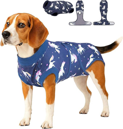 PetWarm Dog Suit for Surgery Recovery, Clothes for Dogs, Dog Recovery Clothing, Full-Cover Bodysuit After Spay or Surgery, Comfortable Alternative to Cone, Unicorn Pattern, Blue, L