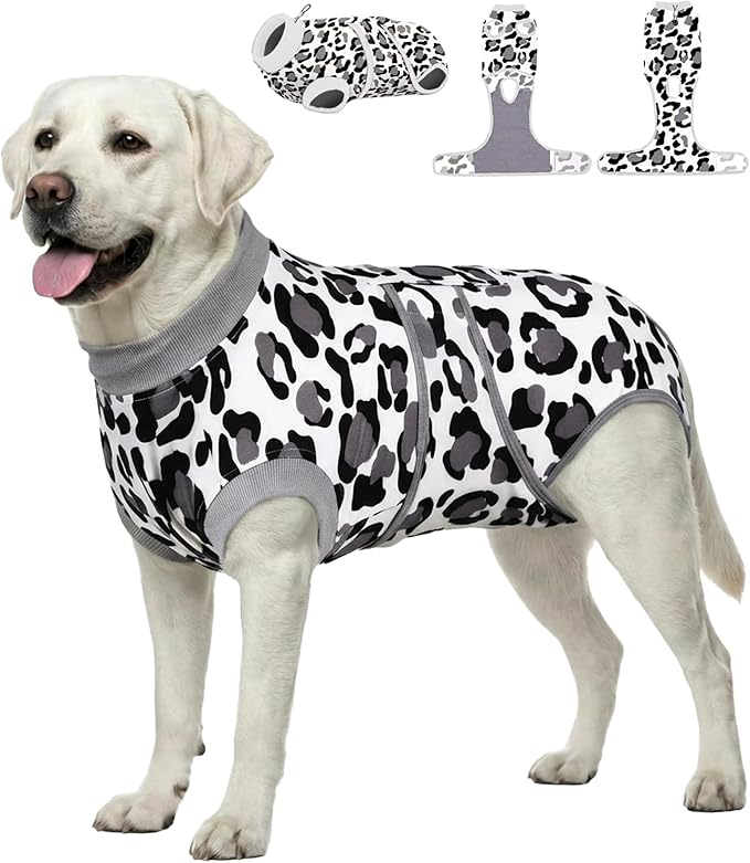 PetWarm Surgery Suit for Dogs, Dog Cone Alternative After Surgery, Covers Wounds, Prevents Licking, Fashionable and Protective, Lightweight and Breathable, Leopard Pattern, White, XL