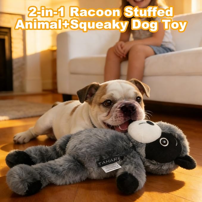 Blue Grey Racoon Plush Squeaky Dog Toy with Bungee Leg Puppy Teething Chew Toy Cute Soft Indoor Outdoor Interactive Stuffed Animal Dog Toy for Small Medium Large Dogs Toy Gift 30.5cm/12.01in