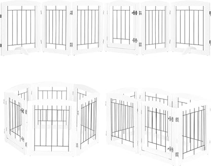 PAWLAND 6 Panels Dog Gate Indoor with Walk Through Door, Foldable FreeStanding Pet Gate for Doorways, Stairs, The Houes, Pet Puppy Safety Fence, 120 in Extra Wide, Support Feet Included, White