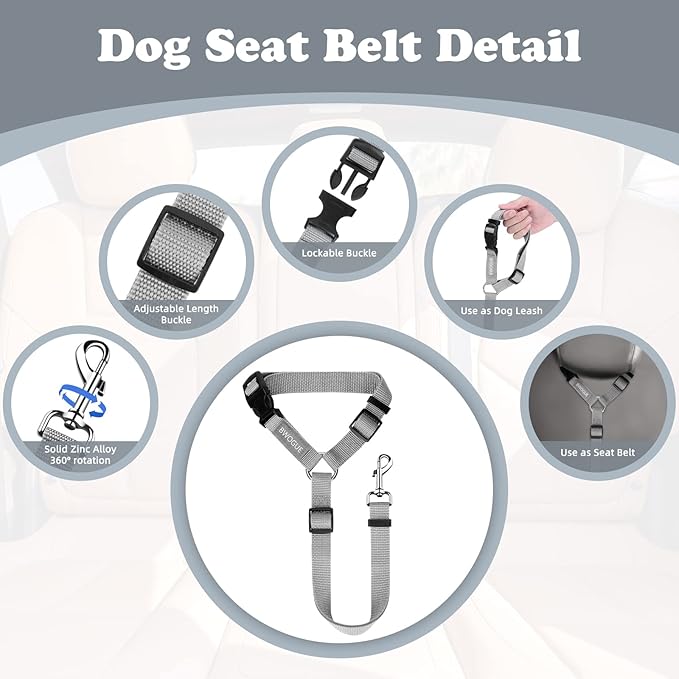 BWOGUE 2 Packs Dog Cat Safety Seat Belt Strap Car Headrest Restraint Adjustable Nylon Fabric Dog Restraints Vehicle Seatbelts Harness Grey