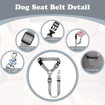 BWOGUE 2 Packs Dog Cat Safety Seat Belt Strap Car Headrest Restraint Adjustable Nylon Fabric Dog Restraints Vehicle Seatbelts Harness Grey