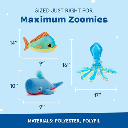 Barkbox Under The Sea Bundle - 3 Toys for Medium and Large Dogs - Squeaky Dog Toy, Tug Toy, Plush Chew Toys - Maggie Mahi, Shify Sid The Squid, Moby Lick