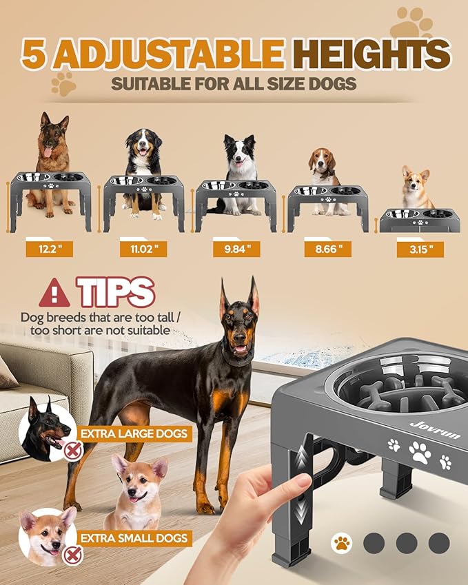 Jovrun Elevated Dog Bowls for Medium Large Size Dogs, Non-Slip Dog Feeder with 1*Stainless Steel Dishes & 1*Slow Feeder Bowl, 5 Heights Adjustable Raised Bowls to 3.15″-8.66″-9.84″-11.02″-12.2″