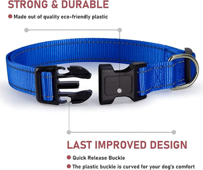 Reflective Dog Collar with Buckle Adjustable Safety Nylon Collars for Small Medium Large Dogs, Navy Blue M