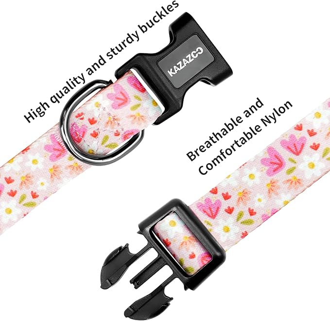 Kazazoo Dog Collar Cute and Soft Nylon Puppy Collar Girl, Adjustable Dog Collars for Small Medium Dogs, Pink Flowers-S