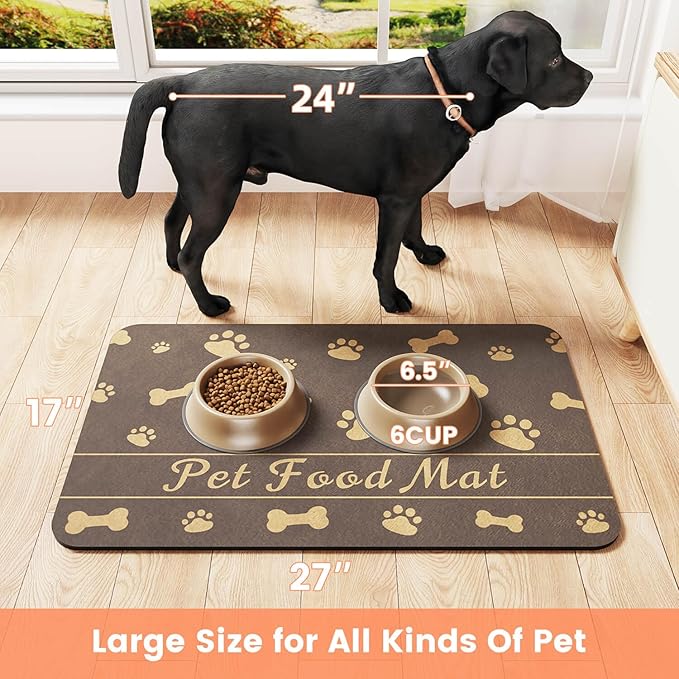 Pet Feeding Mat-Absorbent Pet Placemat for Food and Water Bowl, with Waterproof Rubber Backing, Quick Dry Water Dispenser Mat for Dog and Cat (20"x12", Brown)