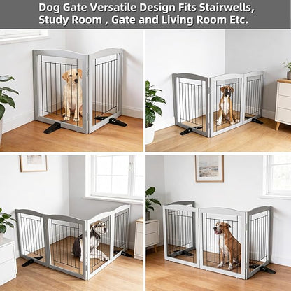 ZJSF Freestanding Dog Fence Indoor, Foldable Dog Gate for Doorways, Stairs or Hallways, Sturdy Wood Extra Wide Pet Gate with Support Feet for The House, Grey, 24 "Height-2 Panels