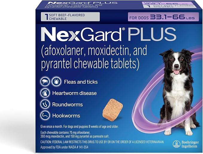 NexGard Plus (afoxolaner, moxidectin, and pyrantel) Flea and Tick Protection & Heartworm Preventive for Dogs Soft Beef Flavored Chewables, 33.1-66 lbs. (Purple) 1 Chew (1 Month Supply)