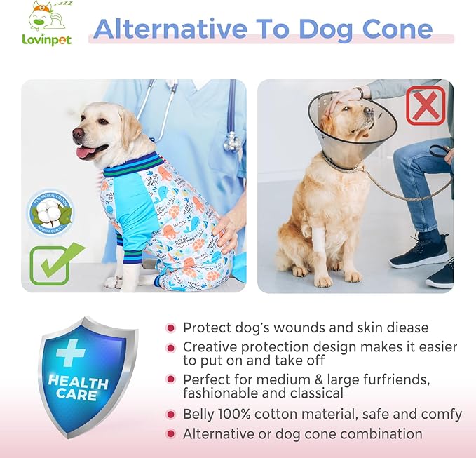 LovinPet Dog Recovery Suit - Medium Large - Dog Bodysuit for Abdominal Wound After Surgery Anti Licking Abdominal Wound Surgical Clothes Post-Operative Vest,Whale,Blue,3XL