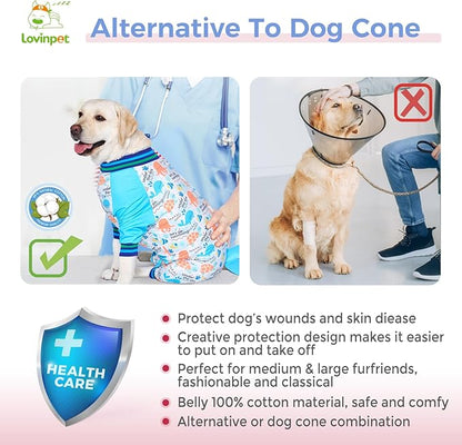 LovinPet Dog Recovery Suit - Medium Large - Dog Bodysuit for Abdominal Wound After Surgery Anti Licking Abdominal Wound Surgical Clothes Post-Operative Vest E-Collar Alternative,Whale,Blue,L
