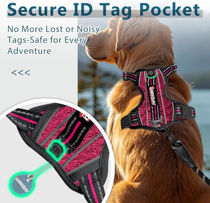 BARKBAY Dog Harness No Pull with ID Tag Pocket - Heavy Duty, Reflective, Easy Control for Large Dogs(Pink/Black,XL)
