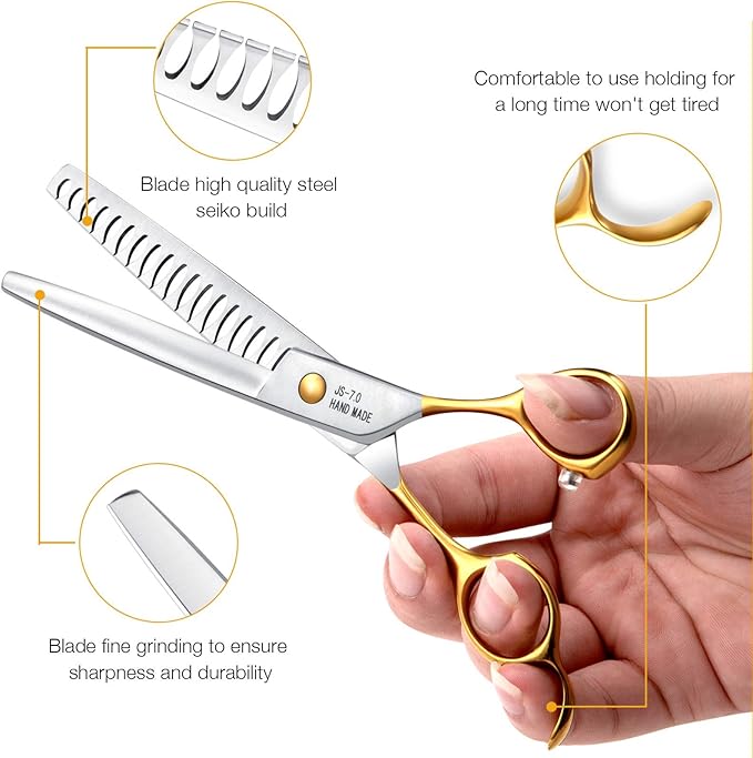 JASON Dog Grooming Chunkers Shears - Dogs Cats Grooming Texturizing Blending Thinning Scissor Pets Trimming Kit Sharp Gold Shear for Right Handed Groomers Christmas Gift 7"