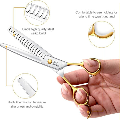 JASON Dog Grooming Chunkers Shears - Dogs Cats Grooming Texturizing Blending Thinning Scissor Pets Trimming Kit Sharp Gold Shear for Right Handed Groomers Christmas Gift 7"