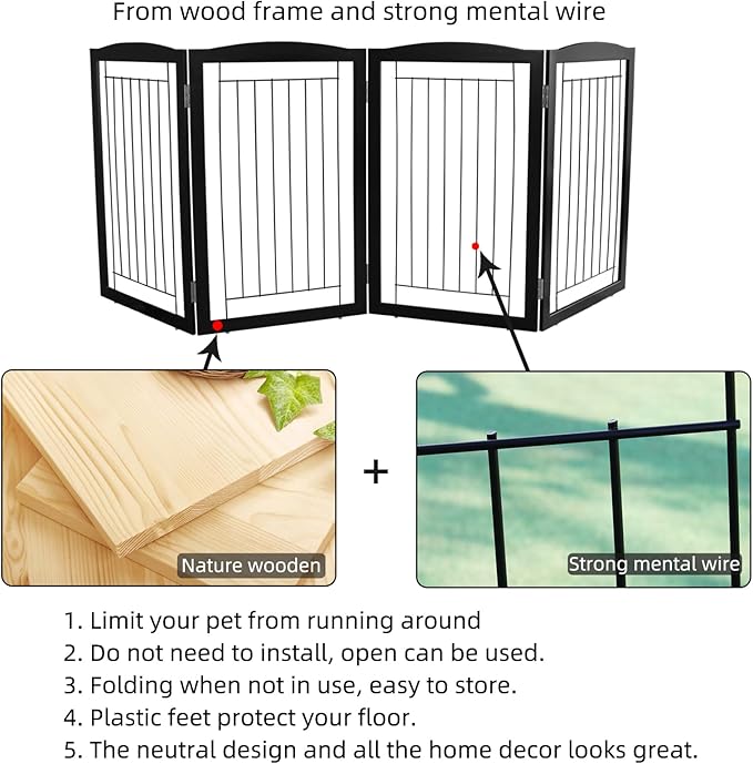 ZJSF Freestanding Foldable Dog Gate for House Extra Wide Wooden Black Indoor Puppy Gate Stairs Dog Gates Doorways Tall Pet Gate 4 Panels Fence