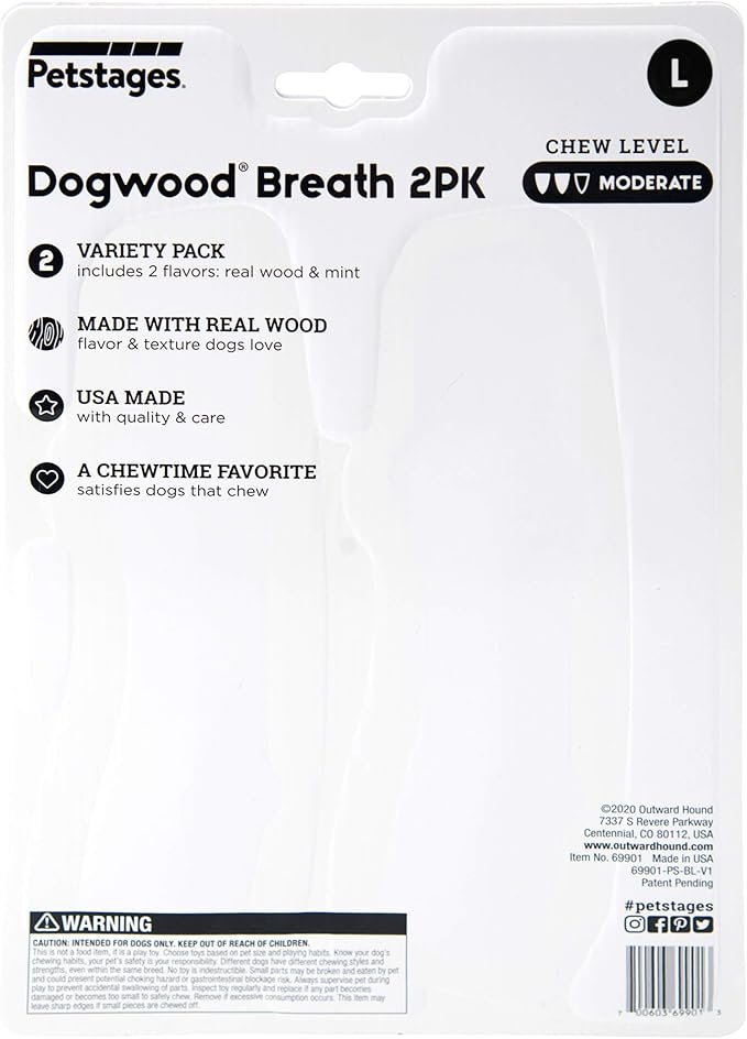 Pupstages by Petstages Dogwood Breath Dog Chew Toy – Real-Wood Blend, Moderate Chewers, Large, 8", 2-Pack (Natural & Mint Flavors)